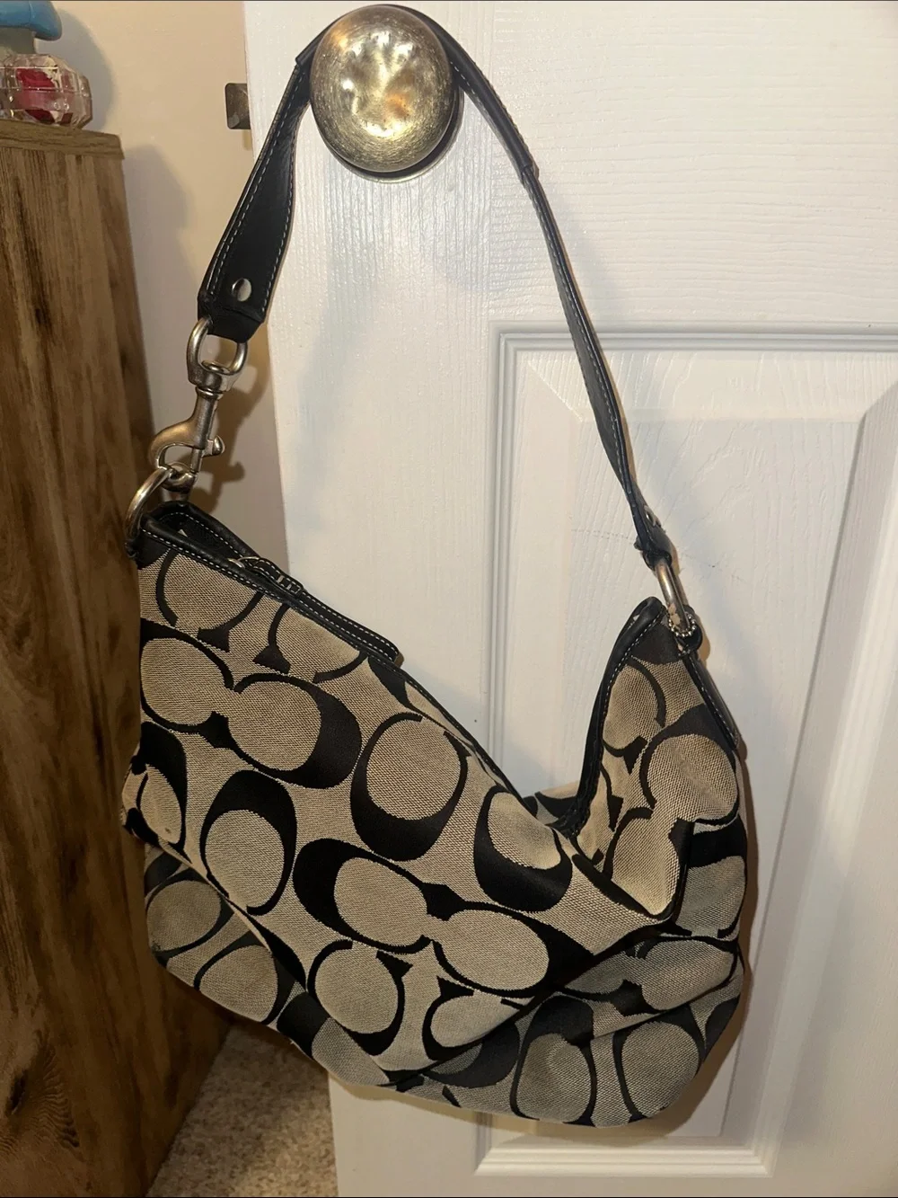 Canvas Shoulder Hobo Bag in Black and Tan